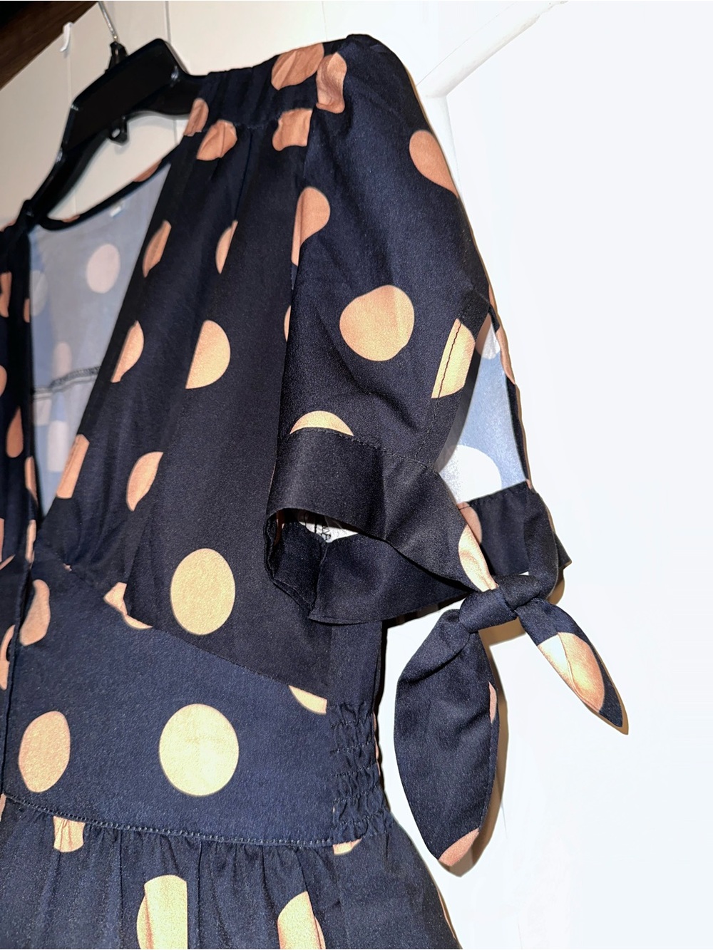 Polka Dot Tie-Sleeve V-Neck Midi Dress - Black with Brown Dots - Picture 4 of 6